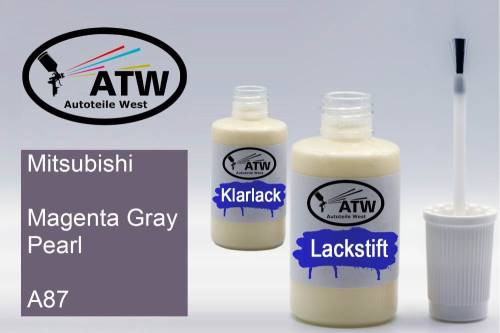 Mitsubishi, Magenta Gray Pearl, A87: 20ml Lackstift + 20ml Klarlack - Set, von ATW Autoteile West.